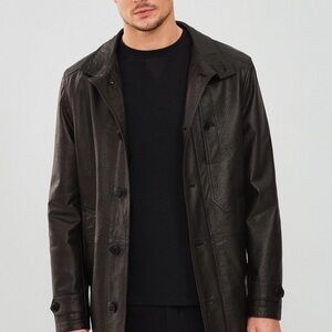 Men's Black Leather Trench Coat - Classic Longline Overcoat